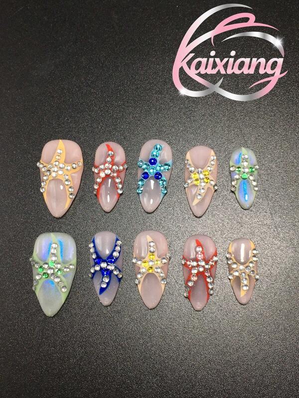 10-Piece Set, Pure Handcrafted 2.5 Almond Shaped Press On Nails. Coffee Colored French Tips With Modeling Gel Blusher, Full Rhinestones, Colorful Stars Exuding Luxury, Perfect For Gifting Friends Or Wearing To Parties.