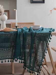 Bubaba 1pc Olive Green Geometric Lace Placemat, Vintage Boho Farmhouse Style Hollow Out Geometric Lace Nylon Decorative Tassel Table Cloth, Suitable For Bedroom, Kitchen, Dining Room, Party, Holiday Decoration, All Seasons - Dark Green - View 2