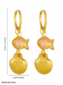 1 Pair Of Gold-Plated Cartoon Stainless Steel Small Fish Accessory Pendant Long Hanging Scallop Women's Earrings