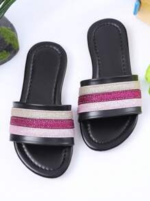1 Pair Summer Kids Open Toe Flat Sandals With 3-Stripe Decor, Casual & Fashionable, Girls Beach/Holiday Shoes