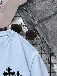 YUNCHIC - Áo thun nam dáng rộng vai rớt in họa tiết, thích hợp cho mùa xuân/hè. - Xanh da trời - Xem 4