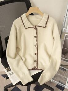 Cardigan con scollo a polo e maniche lunghe con volant stile vintage per donna, autunno inverno - Albicocca - Visualizzare 1