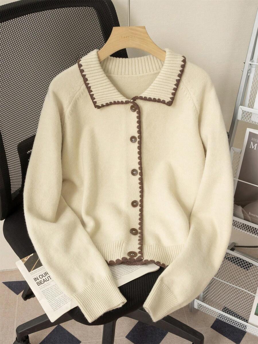 Cardigan con scollo a polo e maniche lunghe con volant stile vintage per donna, autunno inverno - Albicocca - Visualizzare 1