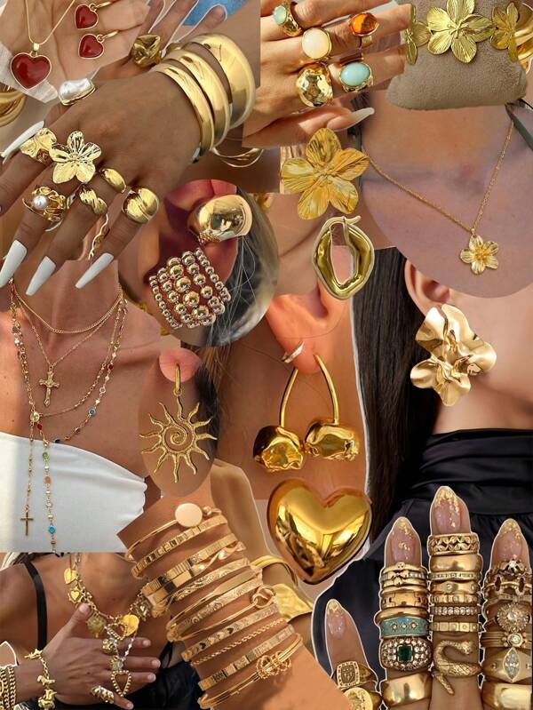 Vintage Fashion Elegant Retro Coin Style Random Delivery 56pcs/48pcs/32pcs/19pcs/5pcs Metal Elements Bling Bling Shiny Colorful Gemstone Flower Rings, Y-Shaped Long Necklaces, Hammered Multi-Piece Set, Irregular Earrings, Bracelets, Faux Pearl CCB Beaded Bracelets, Anklets, Jewelry Set, Suitable For Women & Men, Summer, Vacation, Party, Date, Gift, Daily Wear, Festivals (Random Style Delivery)