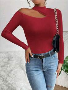 Women's T-Shirt Blouse Suplex Fabric Long Sleeve High Neck Asymmetrical Cut Ideal For Meetings And Casual Use - 紅色 - 查看 5