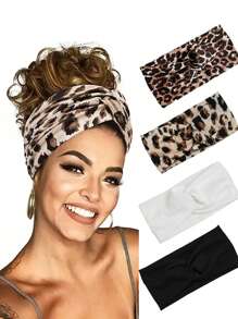 Women Bandana 4pcs Women Yoga Headband, Thick Stretchy Bohemian Solid Color & Leopard Printed Headwraps, Soft & Absorbent For Sports Fashion Hair Accessories Classic Hair Bands, Hairband Fall Winter For Vacation Outfits Woman