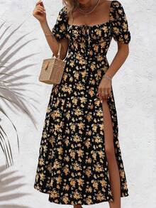 Women's Floral Print Square Neck Dress French Split Hem Dresses Elegant And Sexy - 黃色 - 查看 3