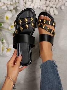 Women's Metal Rhombus Decor Rivet Beach Holiday Casual Slip-On Flat Sandals, Comfortable & Elegant