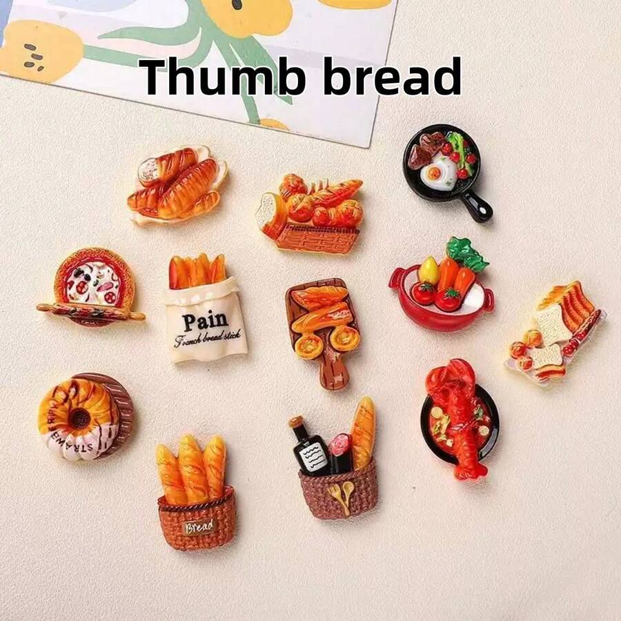 12pcs/Set Cute Cartoon Bread Fridge Magnets, Mini Realistic European Bread Memo Stickers, DIY Baking Decorative Magnetic Stickers - Multicolor - View 1