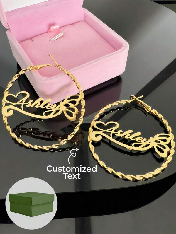 1 Pair Of 8cm Large Hoop Earrings, Butterfly Totem, Customized Name, Text, Personalized Earrings, 18k Gold Fashion Jewelry Stainless Steel, Nameplate Bamboo Earrings - Gold Name Circle - Large Circle Earrings Thanksgiving Christmas