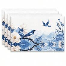 Set de 4 o 6 individuales, decoración del hogar, individual de lino estilo moderno de porcelana azul y blanca impresa, adecuado para mesas de comedor, decoración versátil de temporada en primavera, verano, otoño e invierno, individual de mesa lavable de estilo moderno, resistente al calor, resistente a las manchas, decoración de habitación, individual, posavasos, individual de mesa de cocina, decoración de fiesta, decoración del hogar, regalo ideal