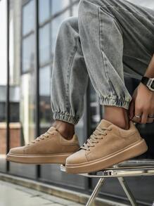 Men's Retro Fashion Solid Color PU Leather Lace-Up Casual Shoes, Daily Wear Student Versatile Commuter Unisex Outdoor Sports Skateboard Sneaker