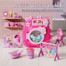 Waschmaschinen- und Reinigungsset für Kinder, Mini Kinder Waschmaschinen Wäscheset, Puppenhausmöbel Waschküche Waschmaschine und Make-up-Set Reinigungsset für Mädchen ab 3 Jahren