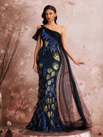Women's Elegant Evening Dress, Luxurious Charming One-Shoulder Ruffle Mermaid Hem Asymmetrical Design With Stretch Sequins, Suitable For Parties, Graduations, Weddings, Events, Galas And Balls, Women's Formal Ballgown Dress(Deluxe Edition)