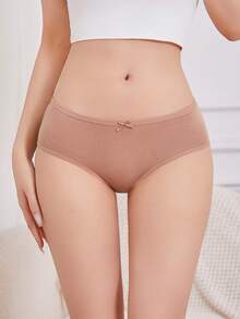 FINETOO 6pcs Solid Color Bow Decor Comfortable Breathable Women's Panties, Women's Basic Underwear
