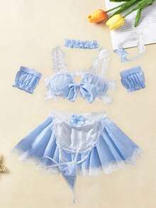 Women's Maid Lingerie Set Sleeveless Plaid Print Bow And Panty Apron Skirt Set Exotic Nightwear - 藍色 - 查看 5