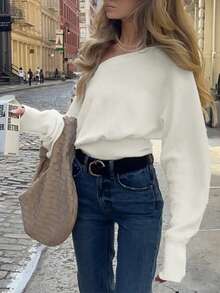 女士休闲优雅纯色露肩蝙蝠长袖常规套头衫针织露肩套头衫短款上衣可爱毛衣，春夏秋季返校 - 米色 - 查看 5