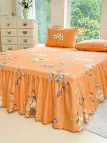 3件套（1件床裙，2件枕套）荷叶边印花床裙，全覆盖防尘罩，裙边床裙三件套，褶皱床裙配2个枕套床上用品套装 - 蔓雅 - 查看 3