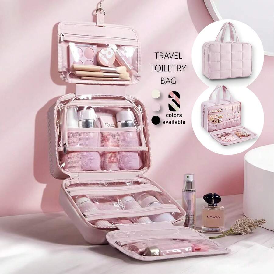 Travel Toiletry Bag With Jewelry Organizer, Hanging Travel Bag For Toiletries, Puffy Makeup Cosmetic Bag Organizer, Carry-On Travel Accessories Essentials - Hồng - Xem 1
