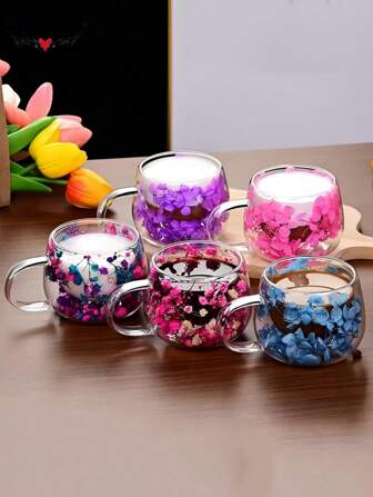 双层花瓣手柄咖啡杯 - 花卉图案双层玻璃杯，抹茶杯