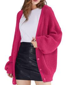1 Women's Rose/Camel Loose Thick Warm Temperament Sweater Jacket For Home Travel Halloween Top Casual Women's Deep V Neck Drop Shoulder Button Rib-Knit Long Sleeve Midi Cardigan In Wool-Like Fabric - 玫紅色 - 查看 1