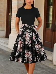 Floral Print Round Neck Dress, Elegant Short Sleeve Tie Dye Dress For Spring And Summer - 彩色 - 查看 7