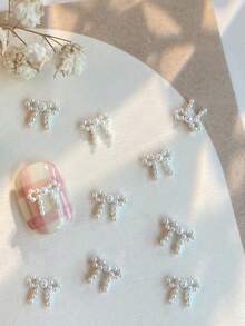 TSZS 10件組可愛3D樹脂仿珍珠蝴蝶結美甲裝飾，韓式絲綢蝴蝶結緞帶美甲飾品，美甲用品美甲飾件 - 白色 - 查看 5