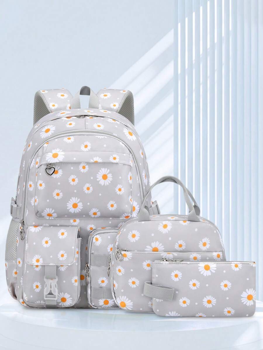 Set 3 buc. rucsac imprimat cu cutie de prânz și penar, design cu compartimente multiple, închidere cu fermoar, căptușeală din poliester, curea de umăr reglabilă, buzunar lateral pentru sticlă de apă, potrivit pentru utilizare zilnică, exterior, călătorii, rucsac din poliester impermeabil și durabil, cadou pentru întoarcerea la școală