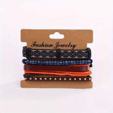 4pcs Multi-Layer Faux Leather & Wax Rope Woven Bracelets With Wooden Beads, Adjustable Size