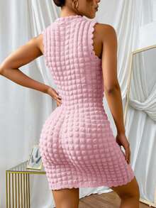 Vestido Corto sin Mangas dama mujer en textura Cuello Semi-Alto Primavera Veranocomodo ajustable fresco ligero casual formal versatil - Rosa - Ver 2