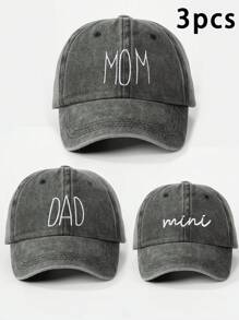 3pcs Embroidered "Mama + Dad + Mini" Matching Washed Baseball Caps, Adjustable Outdoor Sun Protection Casual Hats For Boys & Girls, Suitable For Spring, Autumn, Travel, Beach