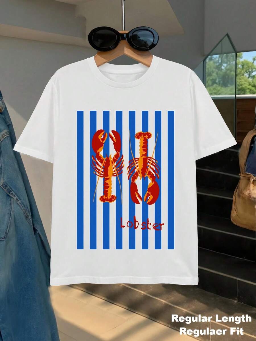 女式夏季休闲圆领短袖龙虾印花图案 T 恤，简约风格，适合日常穿着，秋季女装，秋装，秋季，返校，校服，返校服，Y2k 女装上衣，女式图案 T 恤，全白