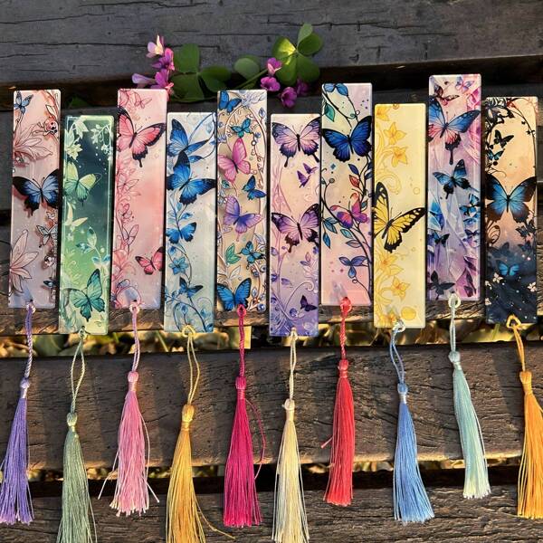 10 Acrylic Bookmarks, Study Supplies, Stationery Gift Books, Office Bookmarks, Butterfly Bookmarks, Floral Bookmarks, Flower Page Labels With Tassels, Holiday Gift Tassel Colors Randomly Selected School Supplies, Back To School