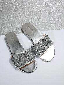 大码 35-43 女式夏季新款户外休闲时尚仿珍珠拖鞋，平底舒适一脚蹬系带水钻沙滩平底凉鞋，适合日常穿着 - 銀色(銀亮片) - 查看 6