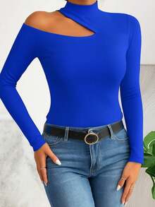 Women's T-Shirt Blouse Suplex Fabric Long Sleeve High Neck Asymmetrical Cut Ideal For Meetings And Casual Use - 寶藍色 - 查看 1