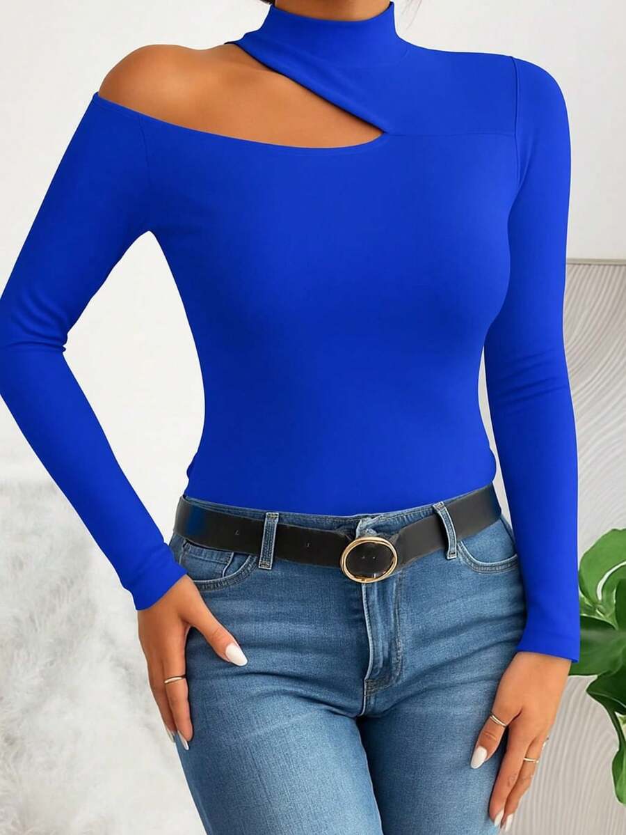 Women's T-Shirt Blouse Suplex Fabric Long Sleeve High Neck Asymmetrical Cut Ideal For Meetings And Casual Use - 寶藍色 - 查看 1