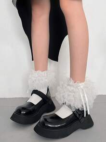 1 Paar Damen Sommer dünne einfarbige Mehrlager-Spitzen-Volant Kniestrümpfe, süßer Lolita Millennium Mädchen Stil