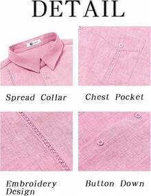 Mens Cuban Guayabera Shirts Button Down Short Sleeve Shirt Casual Linen Summer Beach Vacation Hippie Topshalloween - 粉色 - 查看 6
