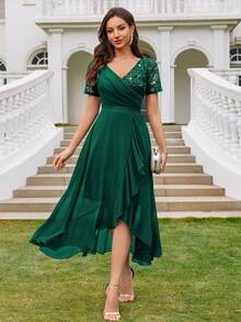 MIUSOL فستان سوينغ أنيق للحفلات والسهرات، ذو رقبة على شكل حرف V مزين بالترتر والدانتيل والشيفون المكشكش، مناسب لحضور حفلات الزفاف والعشاء