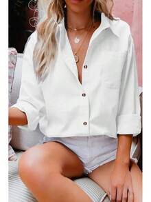 Women's Cotton Linen V Neck Button Down Shirt Long/Roll Up Sleeve Casual Collared Work Blouse Top - 1 厚白(不透明,適合日常使用) - 查看 3