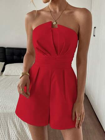 Women's Elegant Solid Color Tube Top Jumpsuit, Suitable For Daily Shopping, Afternoon Tea, Light Party,Christmas Clothes