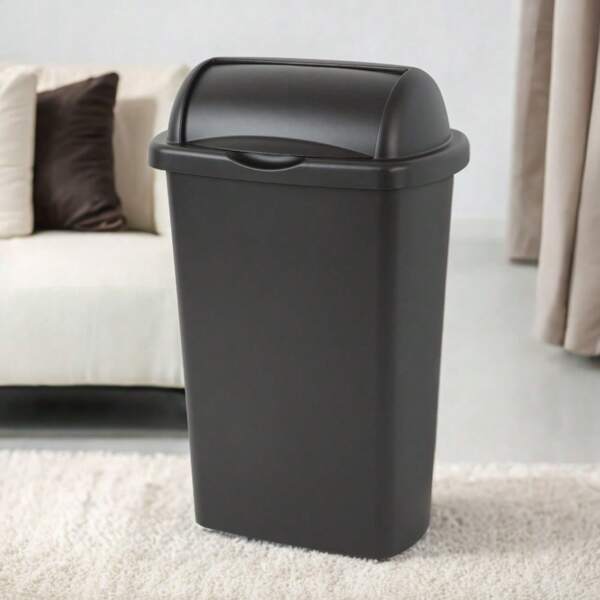 13 Gal. Roll Top Wastebasket, Plastic, Kitchen, Black