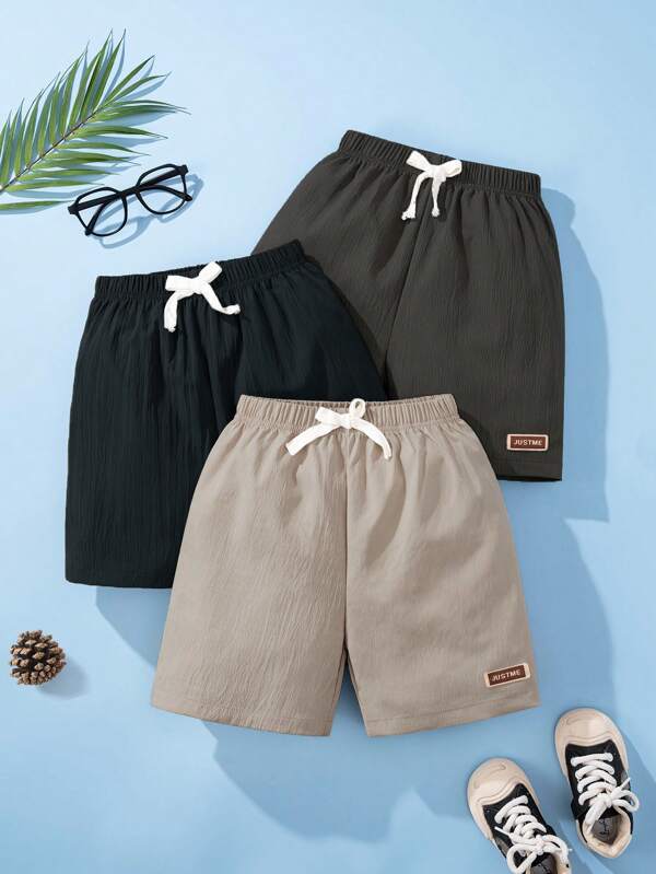 Young Boy Street Casual 3-Pack Simple Solid Color Letter Badge Woven Shorts