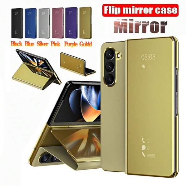 1 pieza Estuche de piel con espejo vertical para maquillaje, 3 en 1, con acabado metálico multicolor, tapa abatible, placa trasera de acrílico y parachoques de TPU, protección integral antichoque y anti caídas, para Galaxy Z Fold7/Z Fold 6/Z Fold 5/Z Fold 4/Z Fold 3/Z Fold 2