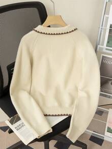 Cardigan con scollo a polo e maniche lunghe con volant stile vintage per donna, autunno inverno - Albicocca - Visualizzare 9