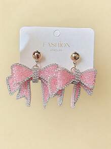 2pcs Fashionable Cute Big Bow Dangle Earrings With Sparkling Pendants, Pink Earrings Suitable For Daily Wear, Parties & Gatherings