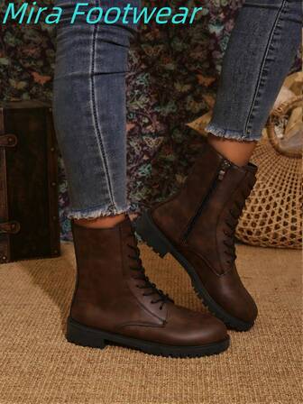 Mira Footwear Dam Plus Size Fashionabla Retro Snörning Sidodragkedja Bruna Ankelstövlar, Avslappnade Bekväma Blixtlås Utomhusstövlar Snörning Halh Vaden, Mångsidiga Julstövlar Essential Höst/Vinterstövlar