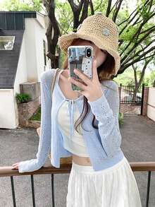 秋季蓝色镂空系带针织毛衣女上衣，V领长袖短款开衫 - 藍色 - 查看 2