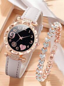 2pcs/1set Elegant And Fashionable Watch For Women PU Leather Watch Straps Bracelet With Rhinestones Classic Casual Multifunctional Fashion Style Best Gifts