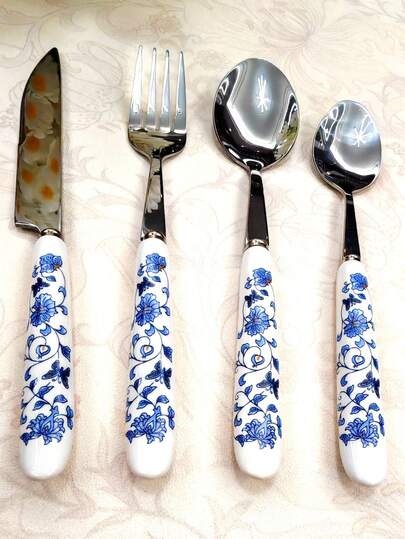 4/12/24件套蓝白瓷柄不锈钢餐具套装，包括牛排刀、叉子和勺子，适用于家庭、餐厅、厨房、日常用餐、派对和节日聚会。
